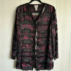 CHICOS Sheer Sequined Silk Blend Long Sleeve Top Womens Size 0 Red Black